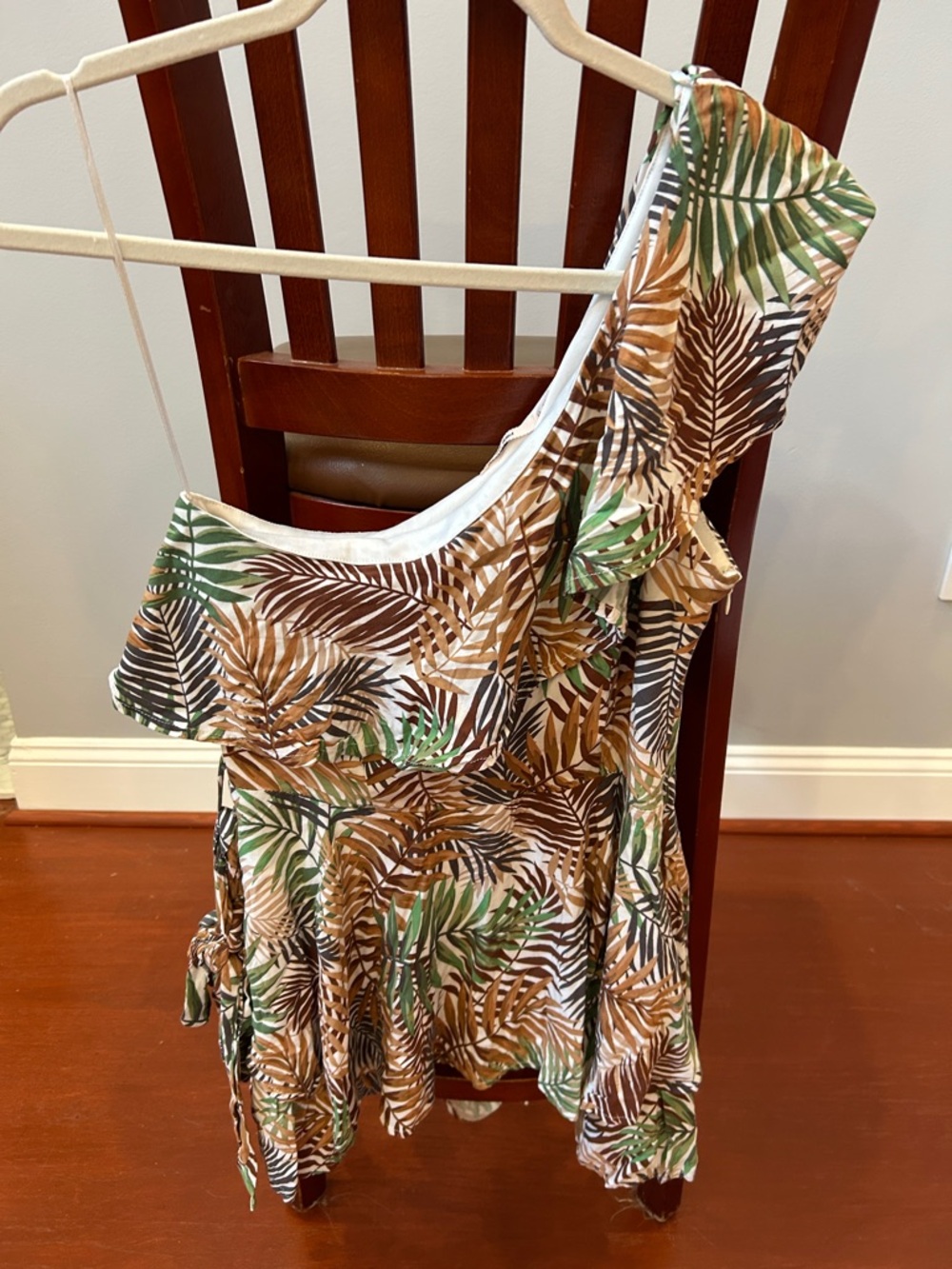 miami Brown and Green Leaf-Print One-Shoulder Romper